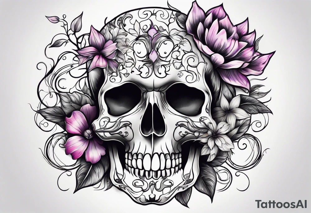 a skull with vines and flowers growing out of it tattoo idea