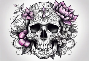 a skull with vines and flowers growing out of it tattoo idea