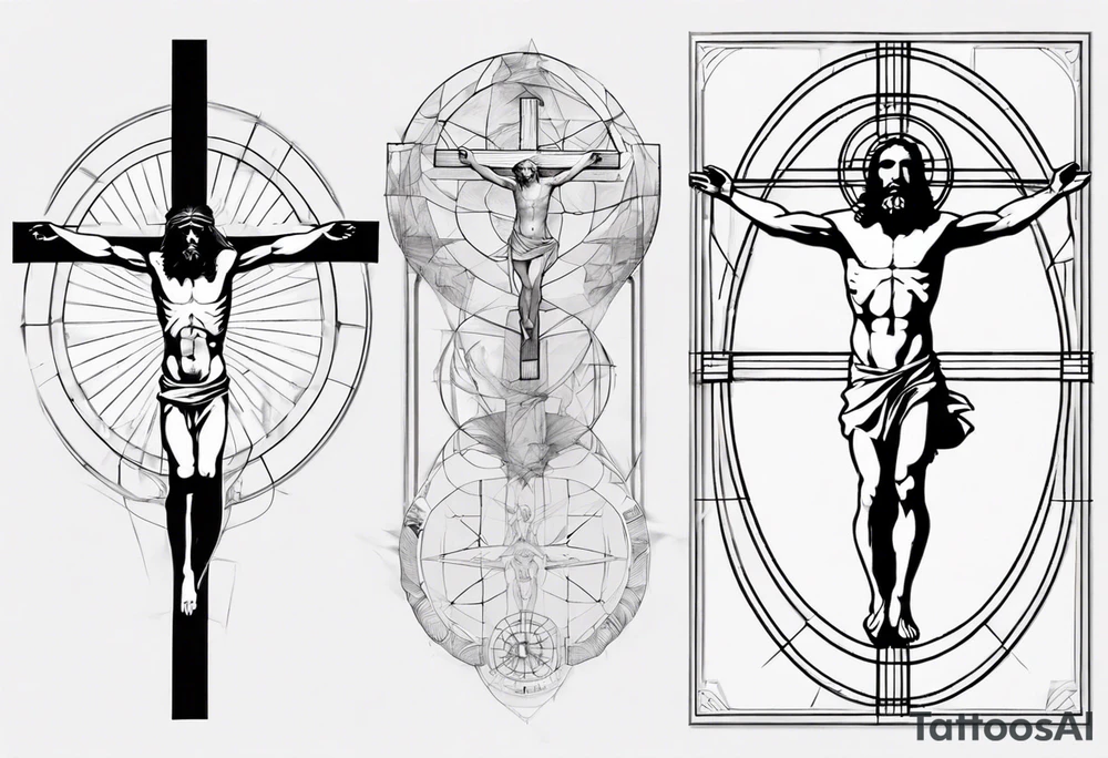 Heavy Geometric with Vitruvian man combined with Jesus on the cross tattoo idea