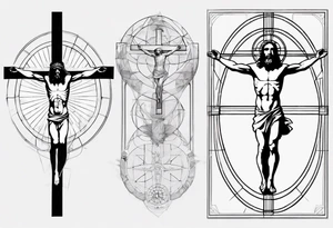 Heavy Geometric with Vitruvian man combined with Jesus on the cross tattoo idea