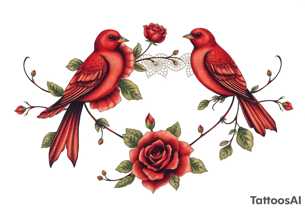 Vintage lace, red roses, red birds, vintage, wrap around, tighter together, no space open tattoo idea