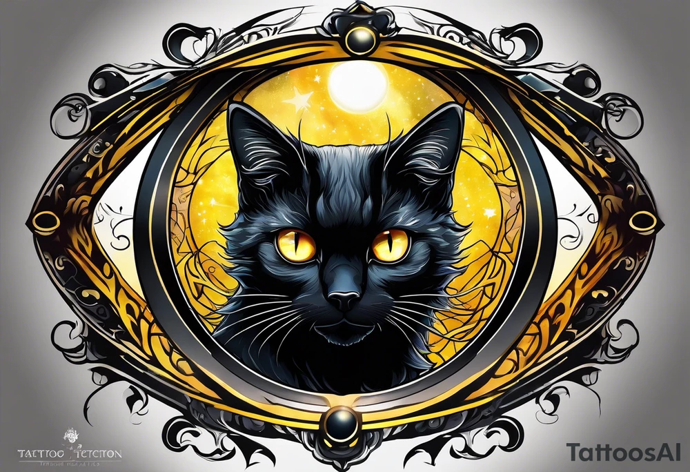 Black Cat with yellow eyes, cat's eye nebula in background tattoo idea