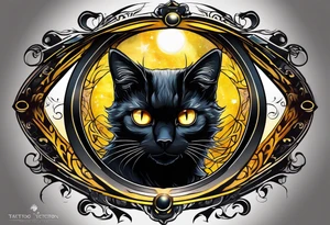 Black Cat with yellow eyes, cat's eye nebula in background tattoo idea