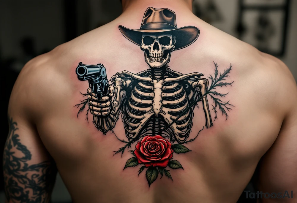 a full body skeleton cowboy gunslinger with a rose in his mouth. tattoo idea