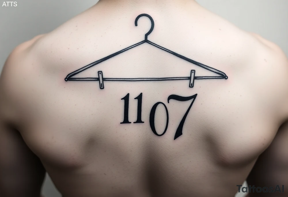 I want a tattoo about 7 cm in size that includes a drawing of a clothes hanger and the numbers 11 07, all in a realistic, beautiful style with stylish lettering tattoo idea