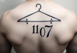I want a tattoo about 7 cm in size that includes a drawing of a clothes hanger and the numbers 11 07, all in a realistic, beautiful style with stylish lettering tattoo idea