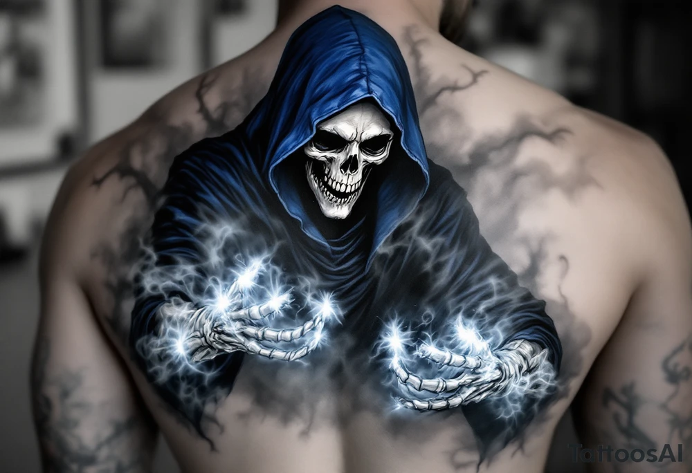 A blue-hooded Grim Reaper stepping out of a smoky gray mist with glowing white skeletal hands. tattoo idea