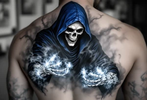 A blue-hooded Grim Reaper stepping out of a smoky gray mist with glowing white skeletal hands. tattoo idea