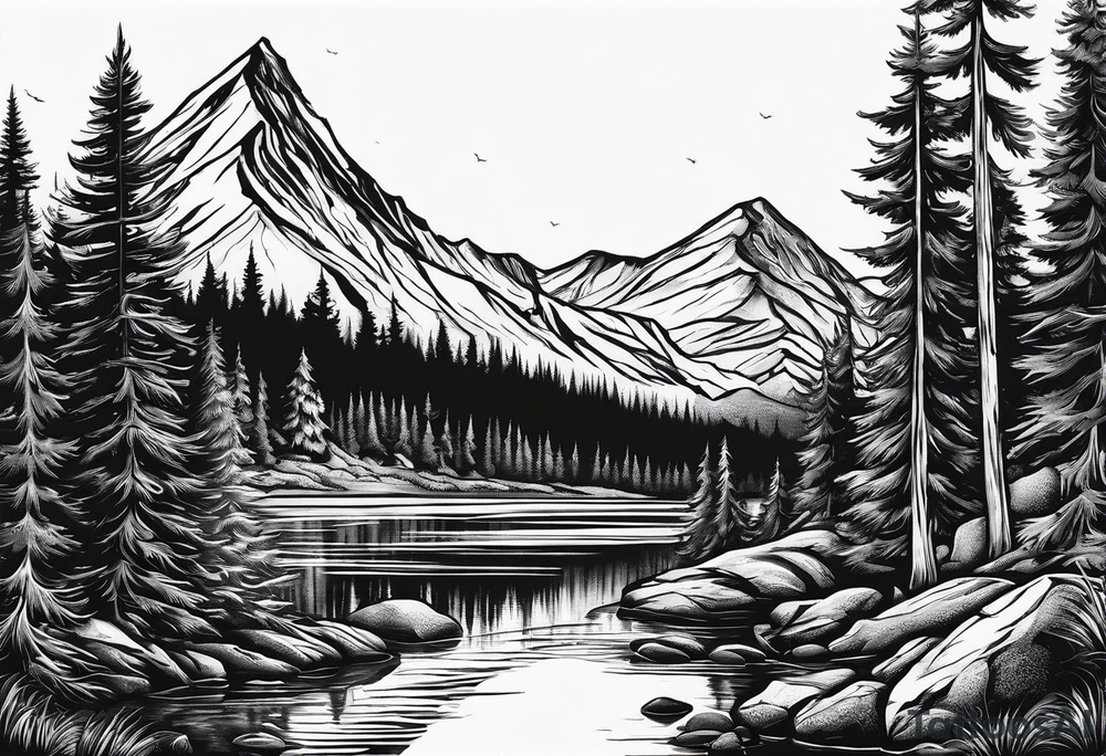 Small campfire in the center, right side: an evergreen tall tree, left side: mountain stream tattoo idea