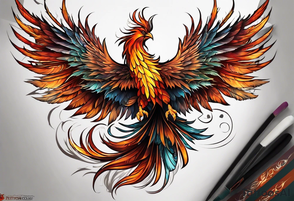 Tattoo: A powerful, majestic phoenix, depicted mid-flight or rising, with wings extended and feathers flowing. Deep shading and intricate details to bring out the texture and motion of the feathers. tattoo idea