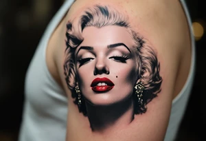 Marilyn Monroe portrait in black and grey realism with red lips and subtle pink blush on her cheeks. tattoo idea