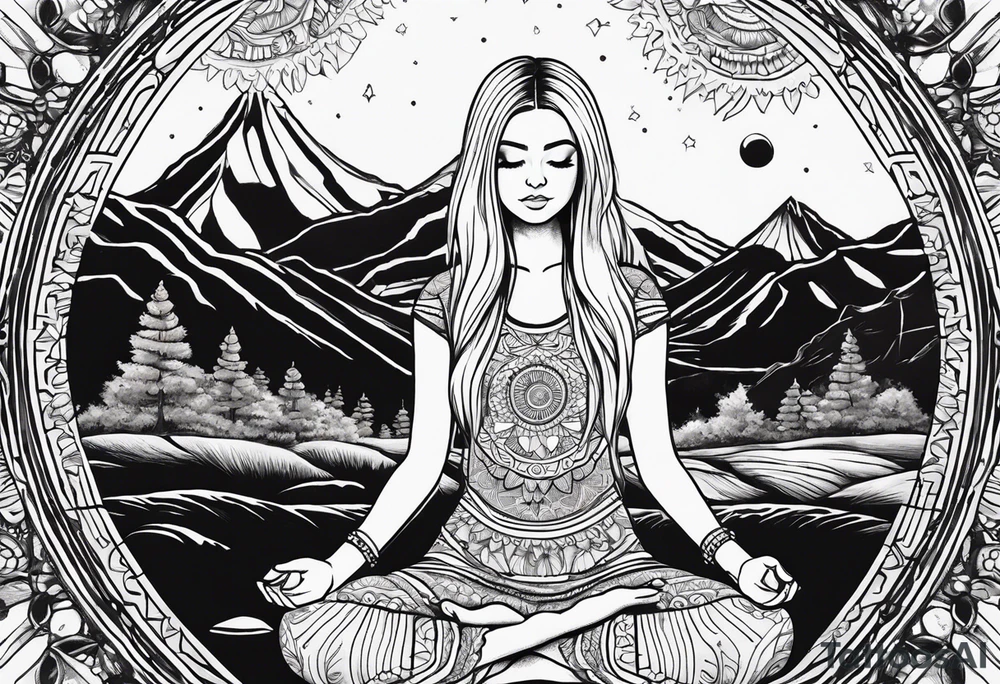 Straight blonde hair girl meditating facing away toward mountains surrounded by mushrooms crescent moon mandala circular design black and white striped dress tattoo idea