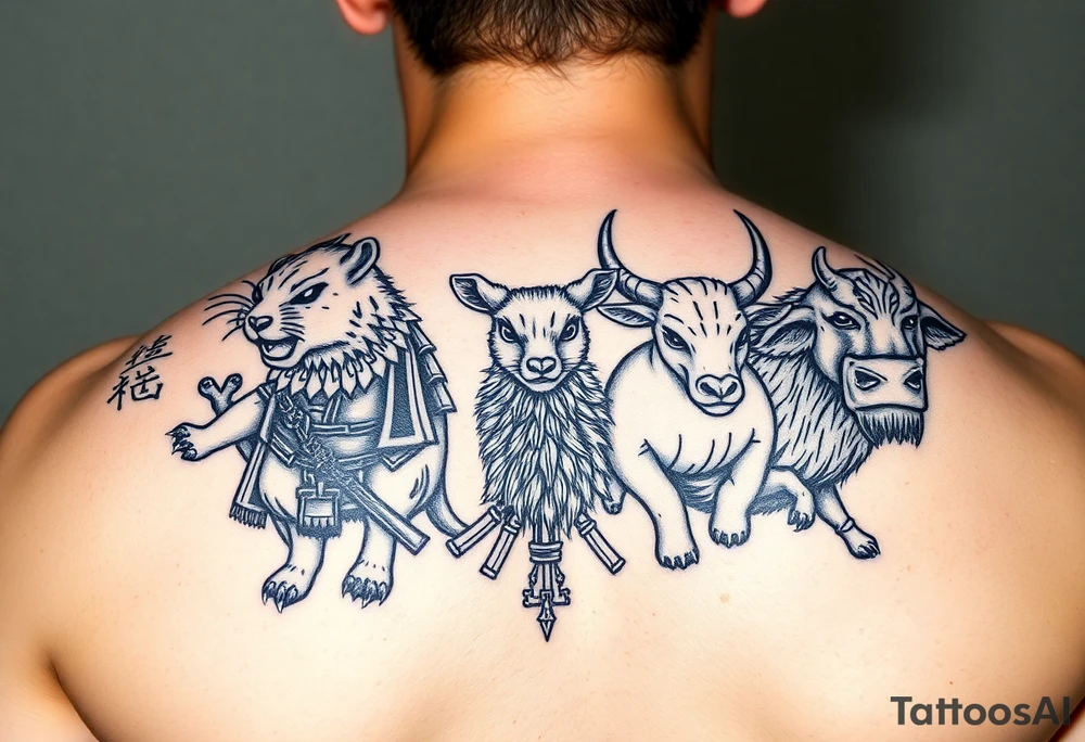 Chinese zodiac animals: rat, dog, goat, and ox all dressed up Japanese Samurai style tattoo idea