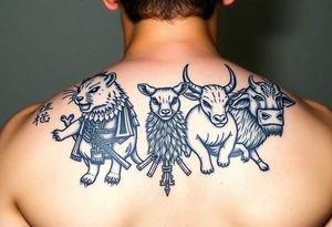 Chinese zodiac animals: rat, dog, goat, and ox all dressed up Japanese Samurai style tattoo idea