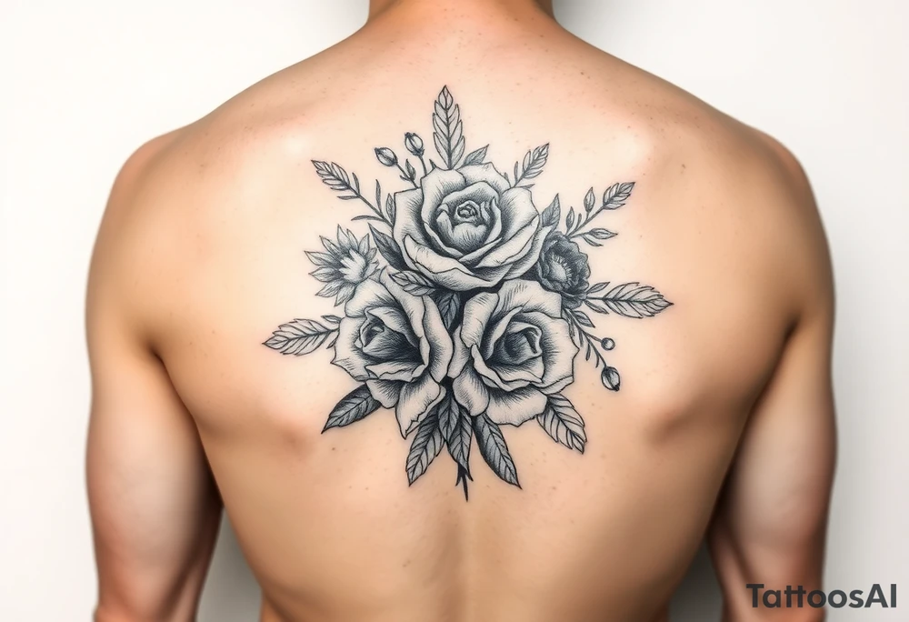 vintage bouquet of wild roses and sun flowers with morning dew tattoo idea
