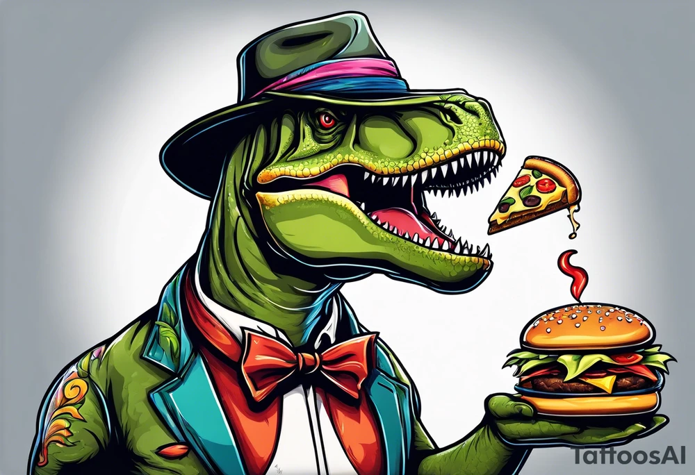 T-rex wearing pinwheel hat, eating a cheeseburger tattoo idea