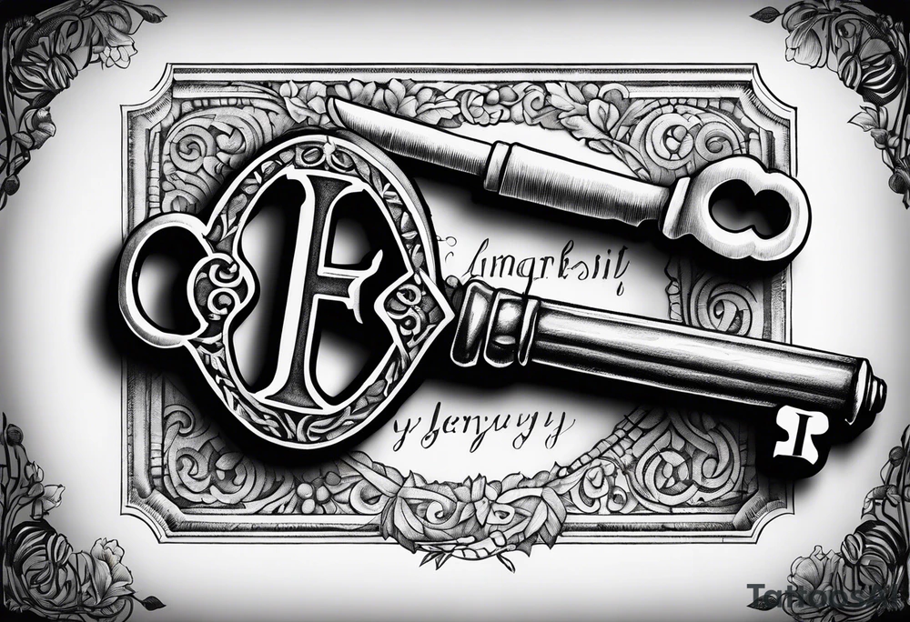 Antique key with alphabet letters as it's teeth tattoo idea
