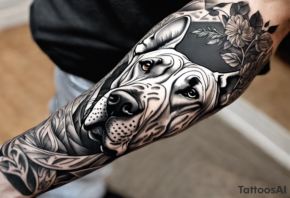 Arm sleeve for man with Great Dane Heads mixed in with other fill work that resembles the outdoors tattoo idea