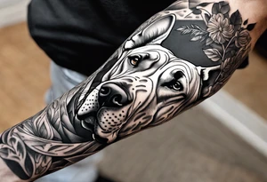 Arm sleeve for man with Great Dane Heads mixed in with other fill work that resembles the outdoors tattoo idea