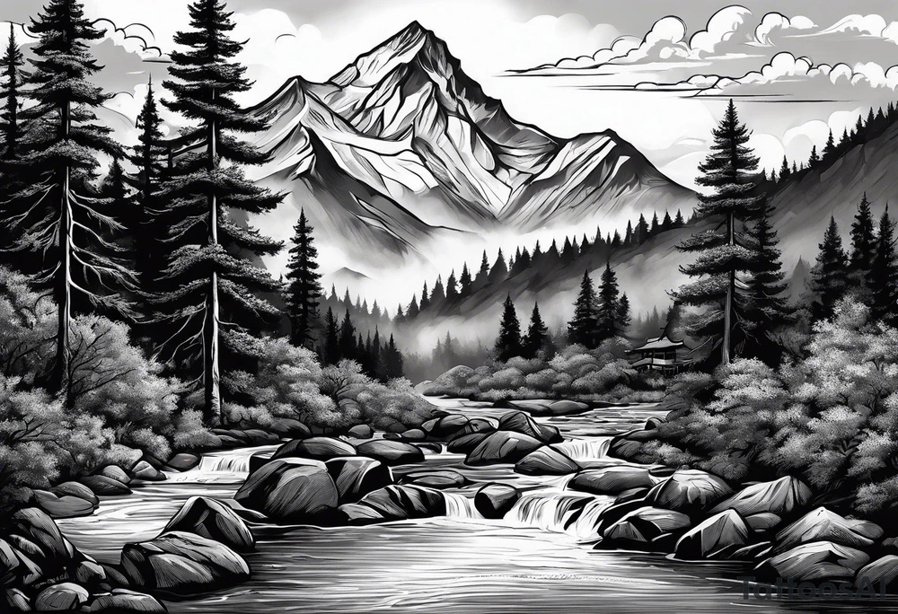 Mountain scene with a river with a subtle peace sign. Use IT IS WELL written in the scene tattoo idea