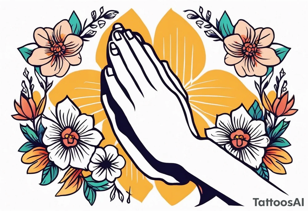 two 
hands praying with flowers simple bold tradional old school style bold colors tattoo idea