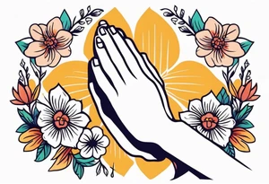 two 
hands praying with flowers simple bold tradional old school style bold colors tattoo idea