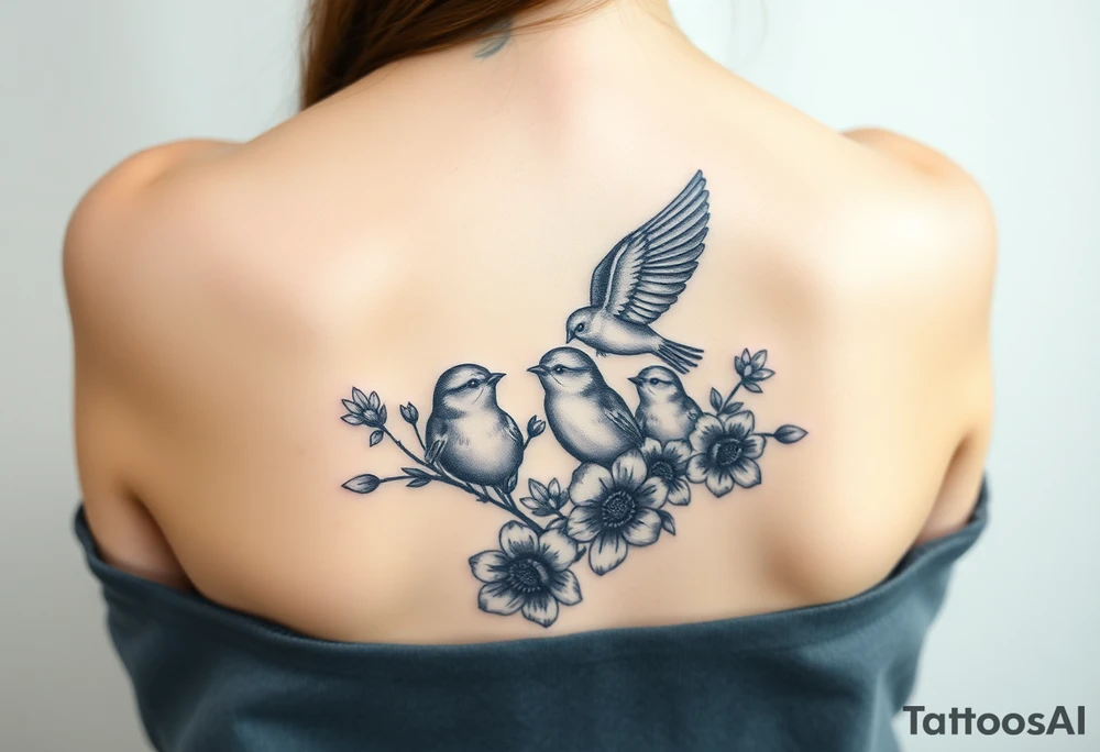 Mom bird and three baby birds with flowers tattoo idea
