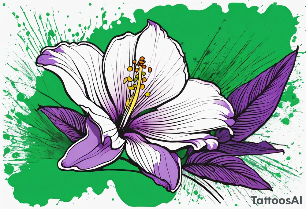 An outline of a rio dipladenia flower with a splatter green and purple background tattoo idea