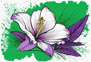 An outline of a rio dipladenia flower with a splatter green and purple background tattoo idea