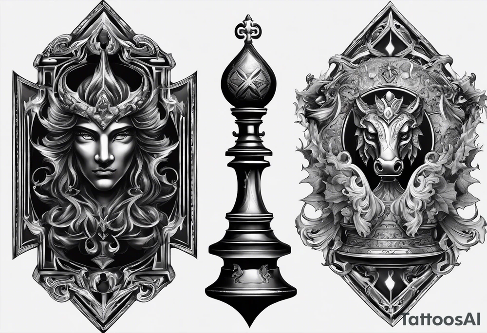 Design a chessboard with celestial symbols on one side and infernal symbols on the other. The chess pieces could be intricately detailed angels and demons engaged in a strategic game. tattoo idea