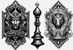 Design a chessboard with celestial symbols on one side and infernal symbols on the other. The chess pieces could be intricately detailed angels and demons engaged in a strategic game. tattoo idea