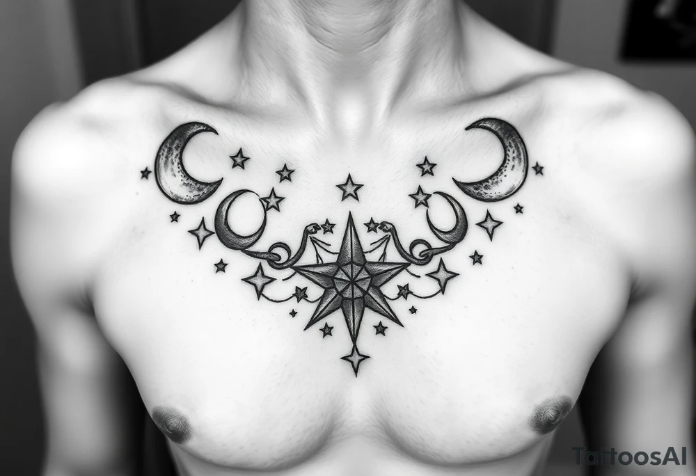 Sternum tattoo, feminine, stars and moons up to the throat, a Nintendo star below the sternum tattoo idea