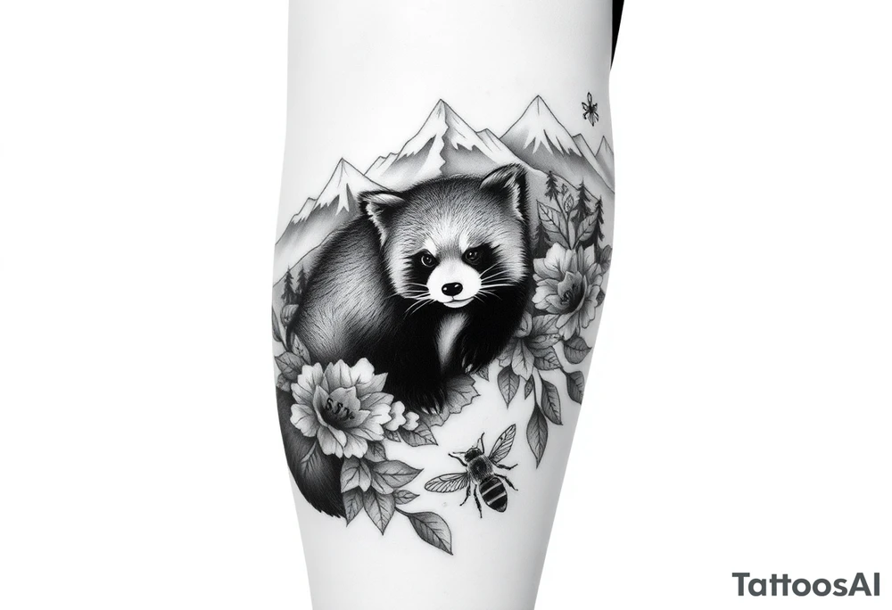 can you generate a Realistic black and grey tattoo design for a woman's left thigh, wrapping from the front to the outer thigh. Detailed red panda as the focal point, realistic fur, high contrast shading, mountains in the background, flowing waves, wild swimming elements, woodland leaves connecting the composition. Hidden initials B and S. Subtle references to magic, honey and bees, heroic symbolism, and music. Elegant feminine tattoo composition, professional tattoo flash artwork, black and grey realism, highly detailed. tattoo idea