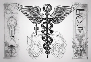 fine line caduceus with "T1D" at the top tattoo idea
