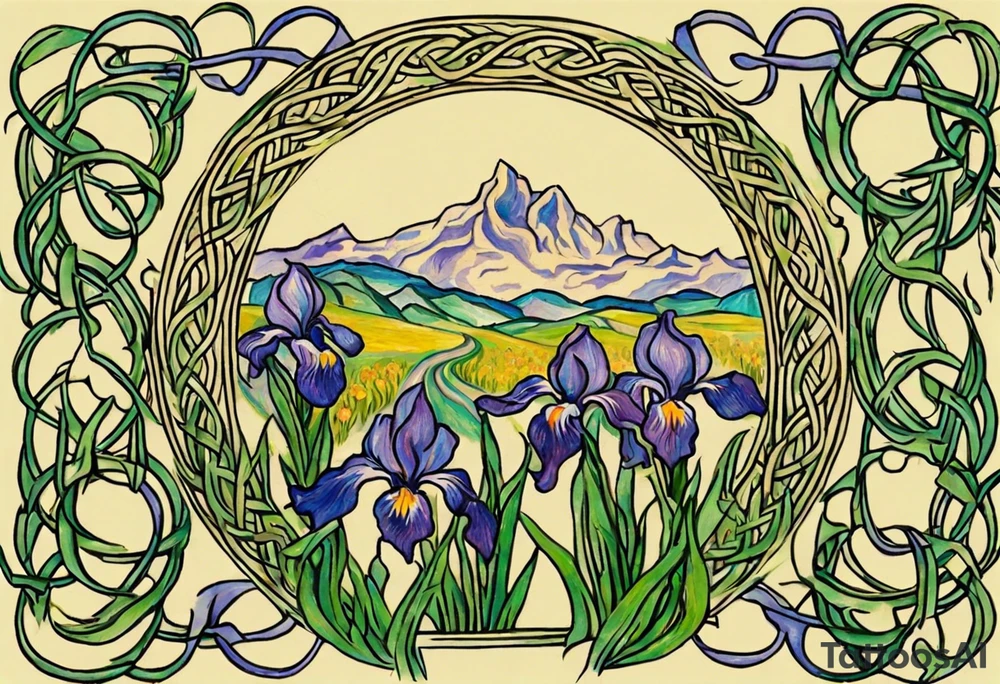 Create a colorful Vincent van Gogh's Irises tattoo, with vines in Celtic knots gracefully holding mountains in a wreath. The intended placement is on the upper chest. The overall design should be small in size while maintaining a delicate and artistic aesthetic. Pay attention to the graceful flow of the vines and the placement of the irises to achieve a refined and elegant look. tattoo idea