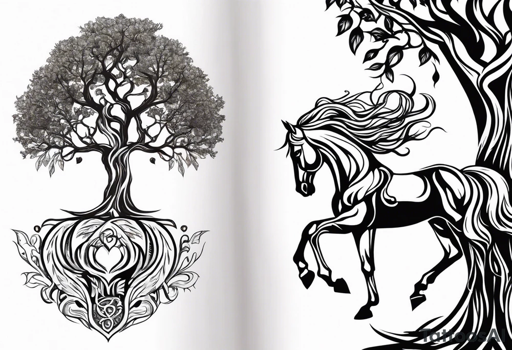 Realistic Horse and Yggdrasil tree tattoo idea