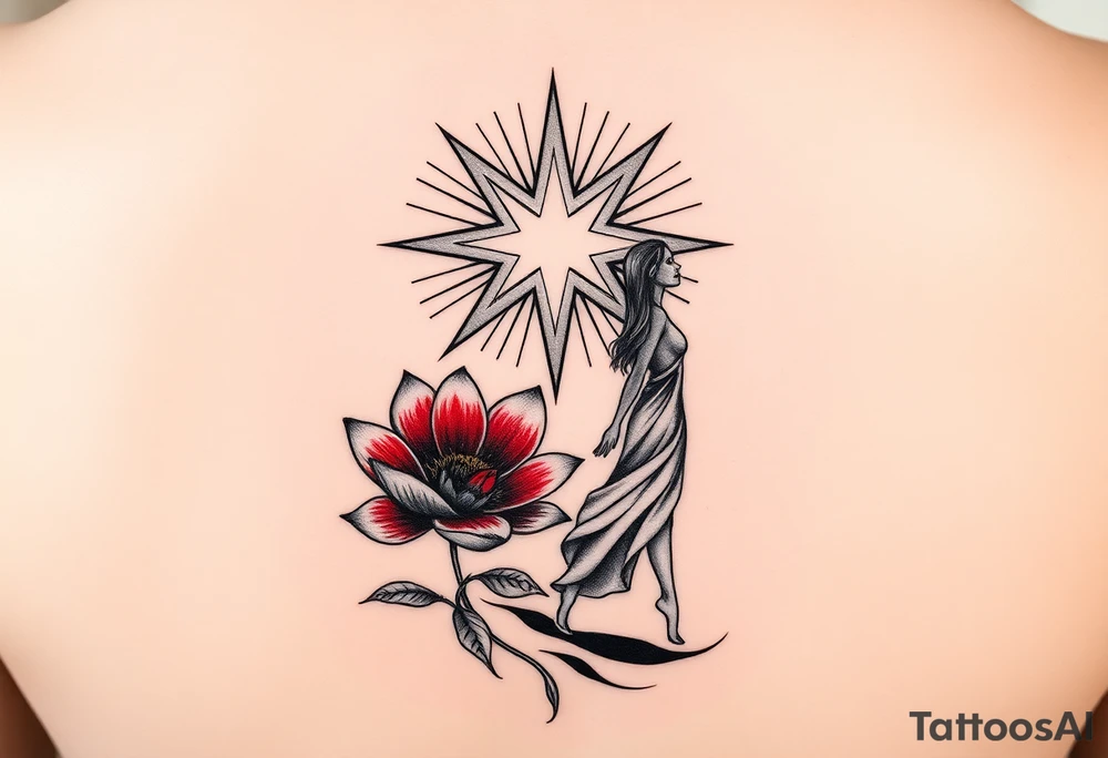 A highly artistic tattoo design with a central focus on a radiant star, symbolizing guidance and empowerment. Below the star, a deep crimson arghaman flower (scarlet flower) blooms gracefully, representing beauty and resilience. To the side, a free-spirited woman walks barefoot, embodying feminine strength and absolute freedom. The composition should evoke a sense of empowerment and liberation, with flowing lines and a dreamy, poetic atmosphere. The style should be artistic rather than hyper-realistic, with fine details, elegant line work, and a slightly abstract touch. The overall aesthetic should feel timeless, expressive, and deeply meaningful, capturing the essence of feminine power and freedom. tattoo idea