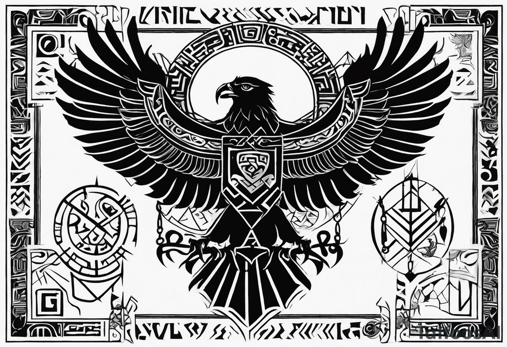 Polish eagle surrounded by viking runes sitting on the tree of life, scattered random geometric shapes and ancient artifacts, include Bruce Springsteens simply the best song it will be a long sleeve tattoo tattoo idea