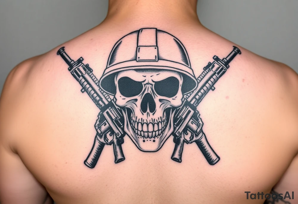 Skull wearing a military helmet, crossed assault rifles behind it. tattoo idea