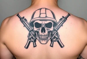 Skull wearing a military helmet, crossed assault rifles behind it. tattoo idea
