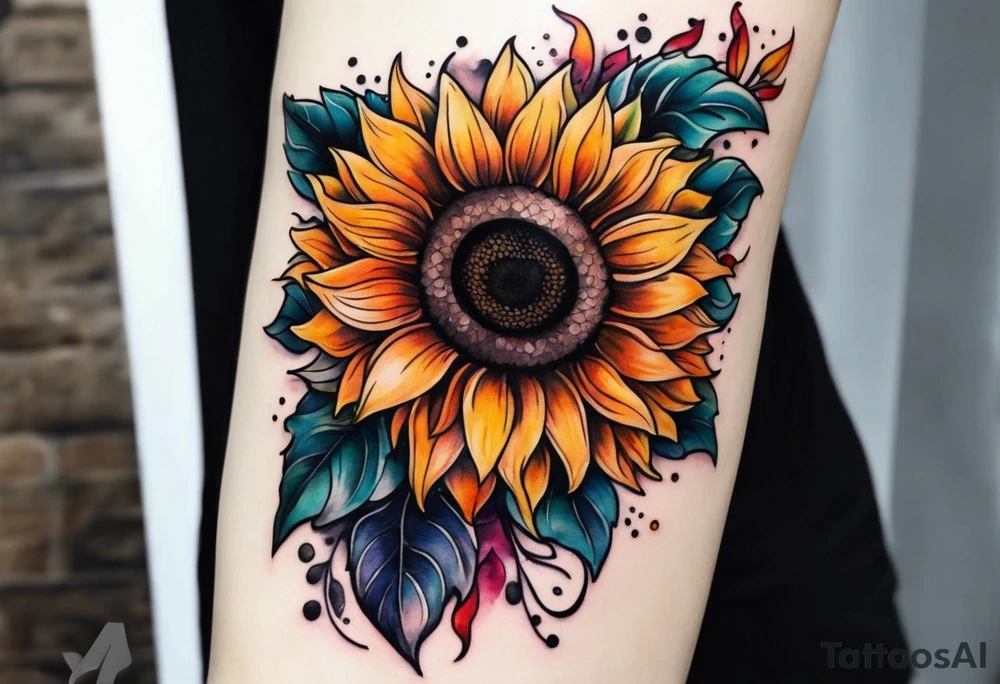 Colorful sunflower arm sleeve tattoo idea