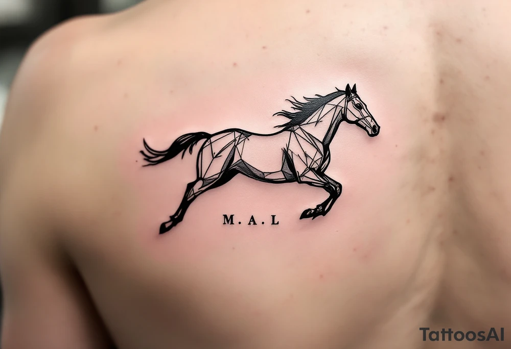 horse silhouette 
from the front which gallops from the front, with the 3 small letters discreetly integrated: M, A, L tattoo idea