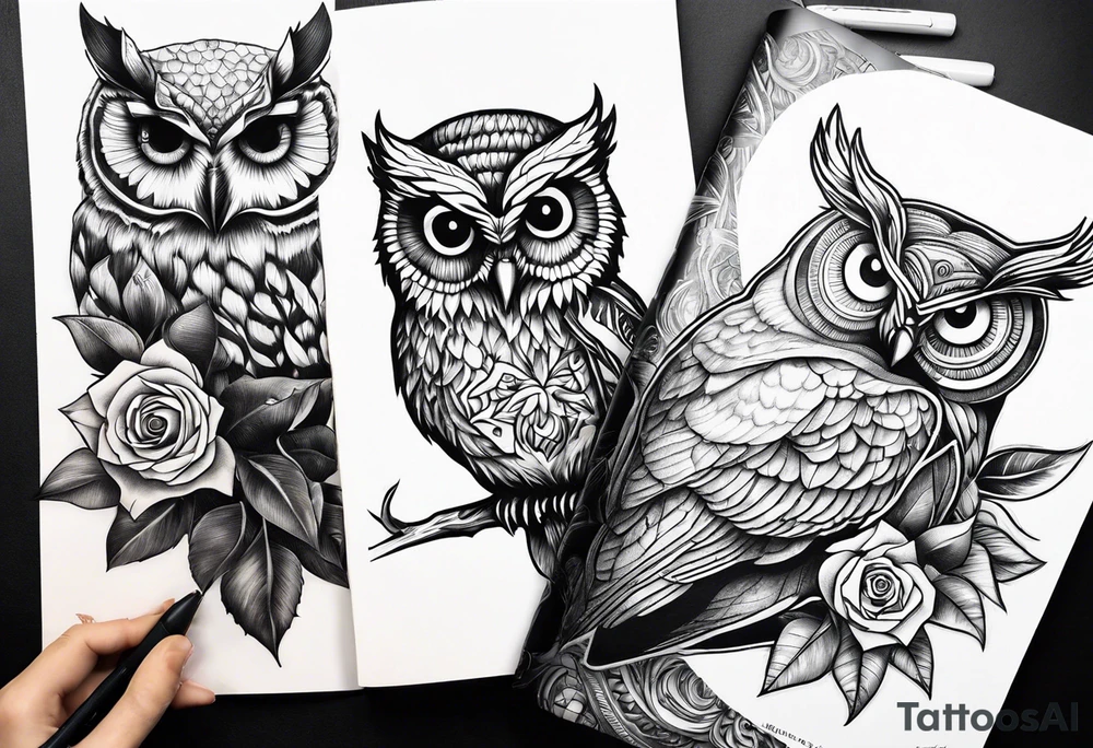 Sunflower, camera, book, owl, flower rose tattoo idea