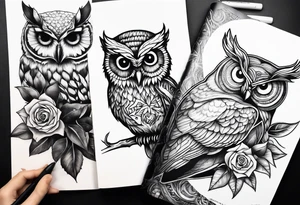 Sunflower, camera, book, owl, flower rose tattoo idea