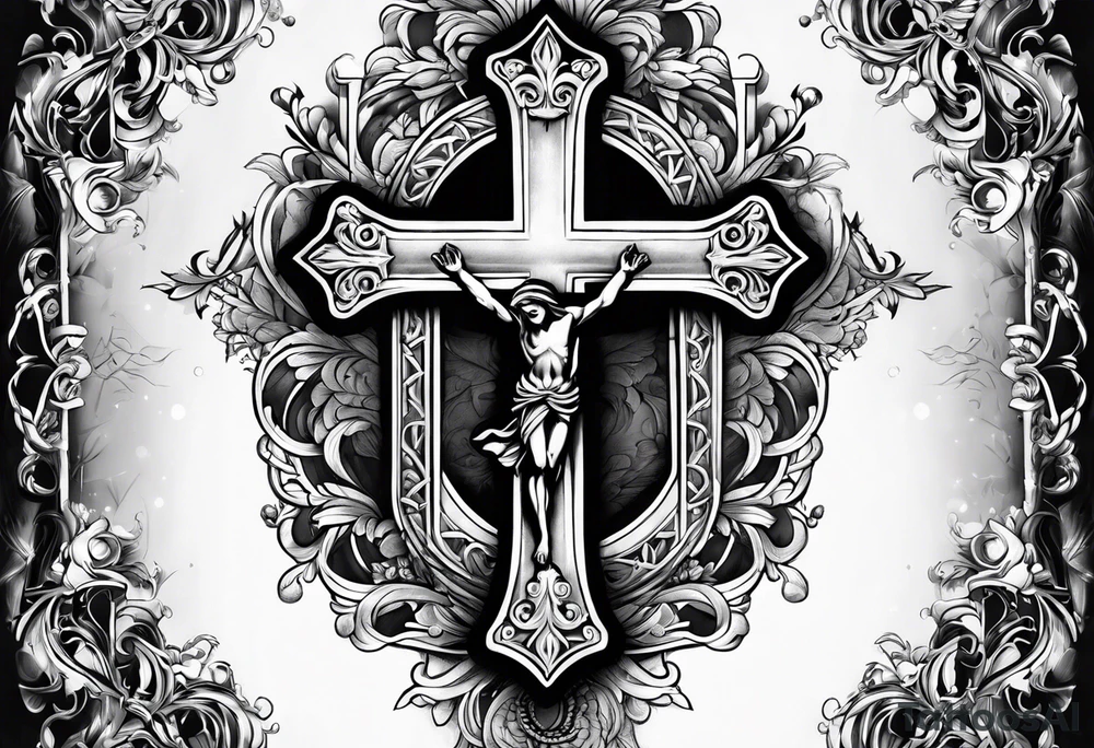 catholic cross with prayer hands tattoo idea