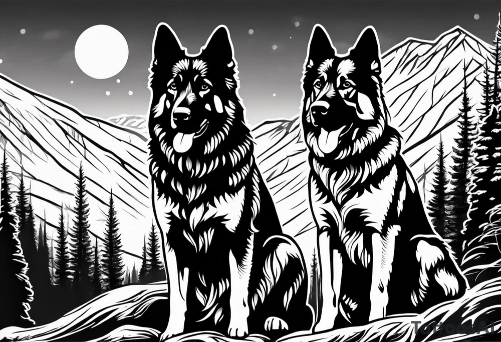 two norwegian elkhounds guarding a dark forest make the forest in the background tattoo idea