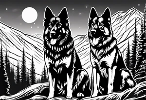 two norwegian elkhounds guarding a dark forest make the forest in the background tattoo idea