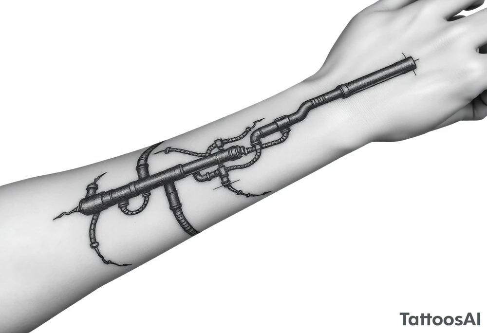 long System of pipes that transitions and transforms into veins of forearm. Top pipe starts closer to the elbow tattoo idea