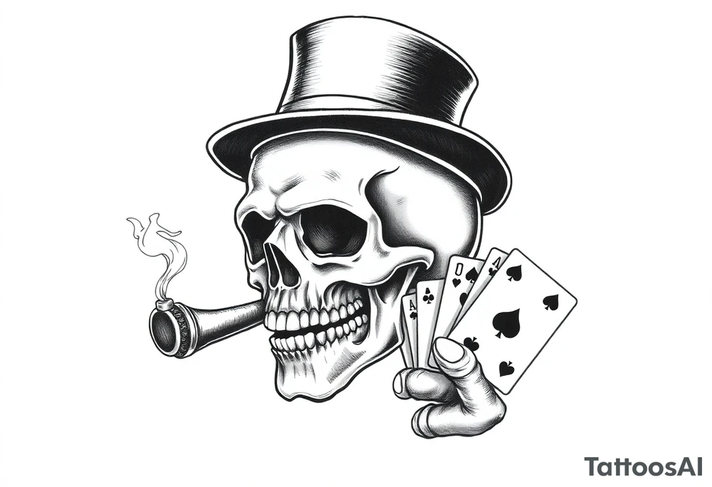 a skull with mustache, a big cigar in his mouth,top-hat on his head and playing cards in a hand. tattoo idea