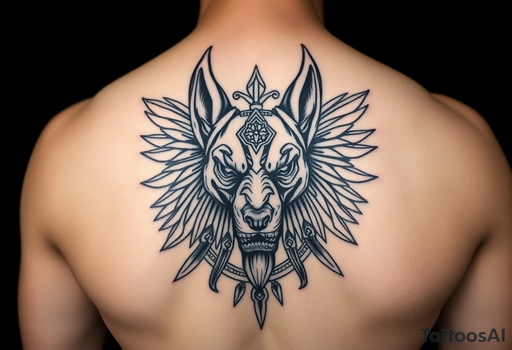 Egyptian Anubis god powerful face muscle in Egypt style dog face surrounded Egyptian symbols tattoo idea
